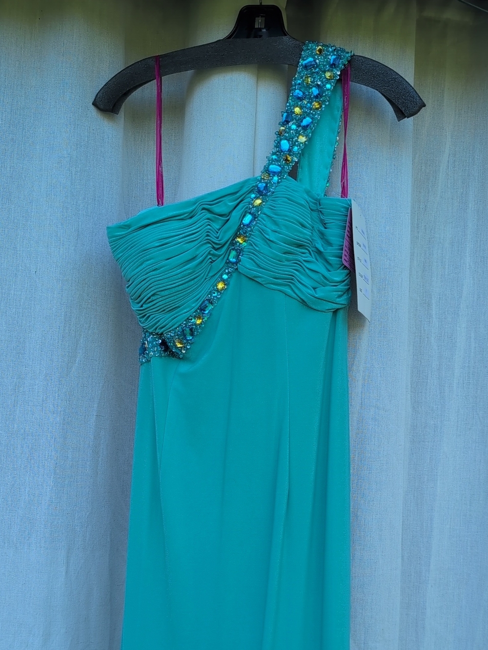 One-Shoulder Teal Evening Dress with Embellished Strap